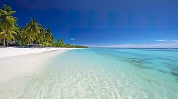 tropisk paradis strand med vit sand och kristall klar blå vatten. skön naturlig sommar semester högtider bakgrund. resa turism bred panorama bakgrund begrepp. ai generativ foto