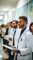 medicinsk arbetare i vit rockar, innehav Urklipp i sjukhus väntar rum foto