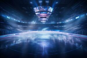 hockey arena inuti på natt med lampor efterbearbetning foto