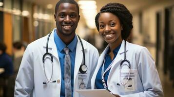 två medicinsk studenter - en ung man och en ung kvinna foto