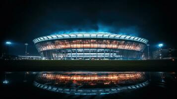 fotboll stadion inuti på natt med lampor efterbearbetning foto
