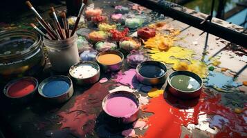 färgrik målarfärger och borstar foto
