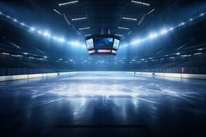 hockey arena inuti på natt med lampor efterbearbetning foto