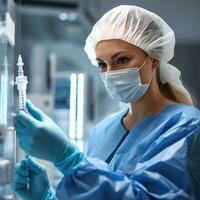 en medicinsk arbetstagare i en vit täcka och blå sudd handskar fyllningar en spruta med medicin från ett ampull genom en nål. foto