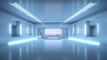 tömma vägg i en trogen sci fi levande rum med ljus gul, ljus cyan, och ljus blå neon. ai generativ foto