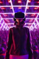 en ung asiatisk kvinna är använder sig av en virtuell verklighet headset. neon ljus studio porträtt. begrepp av virtuell verklighet, simulering, spel, och framtida teknologi. ai generativ foto