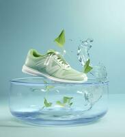 färsk flyga löpning skor i vatten och vind i de stil av naturlig mönster ljus vit och ljus indigo eterisk illustration ljus blå och ljus grön delikat fortfarande liv. ai generativ foto