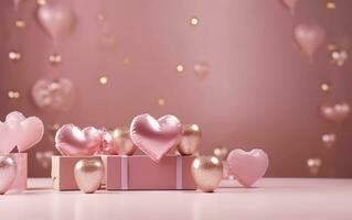 Lycklig valentines dag baner. rosa och guld hjärtan folie ballonger med gåvor på rosa bokeh. hjärtans dag bakgrund. romantisk baner bakgrund, tömma Plats för text, ai generativ foto
