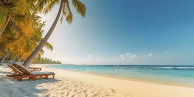 vit sand och kokos växt resa turism bred panorama bakgrund begrepp. generativ ai foto