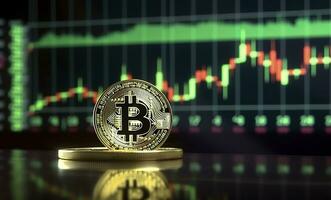 bitcoin med grön Graf på dator skärm bakgrund, crypto valuta handel. ai generativ foto