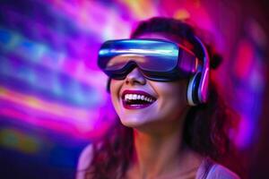 porträtt av en leende kvinna i tillfällig kläder bär virtuell verklighet glasögon, och spelar, neo ljus, suddig neo Färg bakgrund, ai generativ foto
