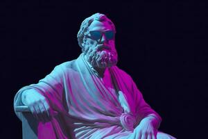 en vit staty av Plato i en Häftigt utgör, bär magenta och cyan 3d glasögon, redo till fest. ai generativ foto