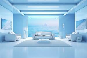 en professionell och öga fångst ljus blå med vit levande rum i de metavers. ai generativ foto