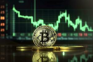 bitcoin med grön Graf på dator skärm bakgrund, crypto valuta handel. ai generativ foto