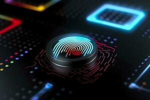 fingeravtryck autentisering knapp. biometrisk säkerhet. Identifiering och cyber säkerhet begrepp. lysande neon fingeravtryck på mörk bakgrund. ai generativ foto