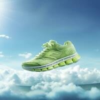 stänga upp grön sporter skor på en blå hav nivå med blå himmel och vit moln ljus ljus bakgrund. kreativ annons. ai generativ foto