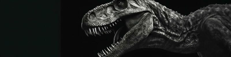 svart och vit fotorealistisk studio porträtt av en tyrannosaurus rex på svart bakgrund. generativ ai foto