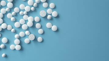 topp se vit medicin tabletter antibiotikum piller på en mjuk blå bakgrund, kopia Plats, apotek tema, ai generativ foto