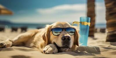 gyllene retriever hund är på sommar semester på havet tillflykt och avkopplande resten på sommar strand av hawaii. ai generativ foto