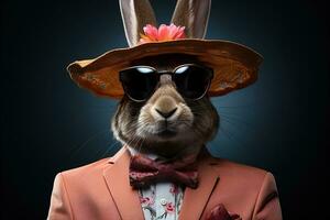 påsk kanin med rosett slips och solglasögon på abstrakt färgrik bakgrund. ai generativ foto