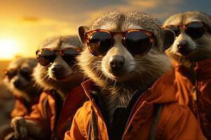 meerkats i orange jackor och solglasögon på solnedgång bakgrund. ai generativ foto