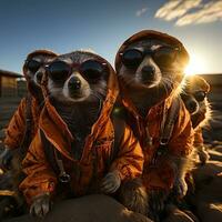 meerkats i orange jackor och solglasögon på solnedgång bakgrund. ai generativ foto