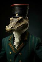 rolig krokodil i en kostym, hatt och glasögon på en mörk bakgrund. ai generativ foto