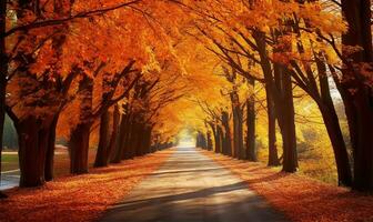 lindning väg täckt förbi en vibrerande gobeläng av fallen löv i nyanser av orange, röd, och guld. lång träd, med deras skärmtak fortfarande stiga av med höst färger. ai genererad foto