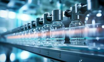 medicinsk ampuller rör på sig längs en produktion linje i en farmaceutisk fabrik,. ai genererad foto