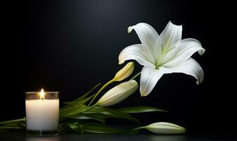 enslig och skön vit lilja placerad bredvid en mjukt brinnande ljus, uppsättning mot en mörk och dyster bakgrund. ai genererad foto