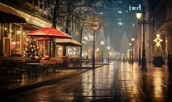stad gata nedsänkt i de förtjusande glöd av festlig lampor på en jul natt. ai genererad foto