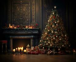 jul träd Utsmyckad med lampor och ornament Nästa till en rytande öppen spis i en rum. ai genererad foto