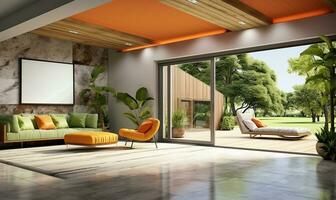 modern samtida loft terar ett tömma rum med marmor golv, grön och orange väggar. ai genererad foto