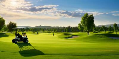 landskap se av en ren tillflykt golf kurs badade i de glöd av perfekt väder. ai genererad foto