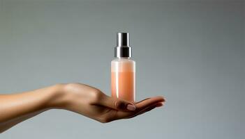 kvinnas hand innehav ett tömma kosmetika flaska mot en grå bakgrund. ai genererad foto