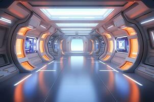 korridor eller rum inuti en Plats station eller rymdskepp, designad med elegant, trogen estetik. ai genererad foto