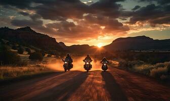 en grupp av motorcykel ryttare cruising tillsammans på en väg. ai genererad foto