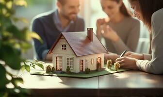 verklig egendom ombud signering en inteckning avtal med en Lycklig ung par med en närbild av en miniatyr- hus i de förgrund. ai genererad foto