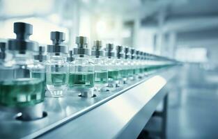 medicinsk ampuller rör på sig längs en produktion linje i en farmaceutisk fabrik,. ai genererad foto
