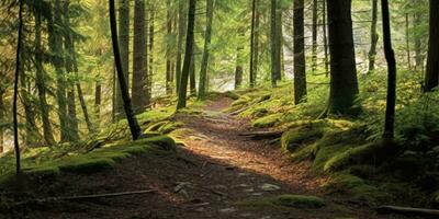 en väg med skön skog. ai genererad foto