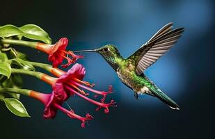 kolibri fågel flygande Nästa till en skön röd blomma med regn. ai genererad foto