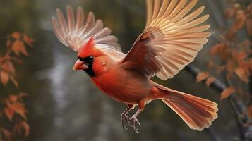 nordlig kardinal kommande i för en landning. generativ ai foto