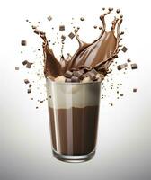 glas med stänk kakao, choklad hälla, och stänk. 3d illustration. ai genererad foto