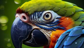 tropisk ara uppflugen, vibrerande fjädrar i fokus. generativ ai foto
