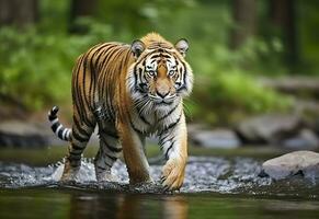 amur tiger gående i de vatten. farlig djur. djur- i en grön skog ström. generativ ai foto