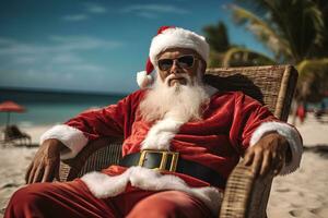 santa claus på de strand. generativ ai. foto