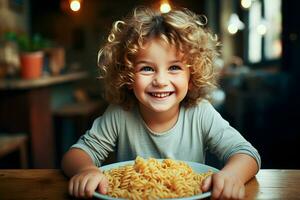 Lycklig barn äter färsk kokta hälsa måltid med spaghetti. generativ ai. foto