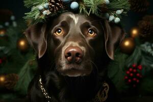 hund och katt av en kattunge i en jul santa hatt, närbild. generativ ai foto