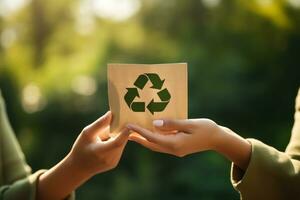 återvinna symbol på hand och väska, hållbar och eco miljö begrepp. generativ ai foto