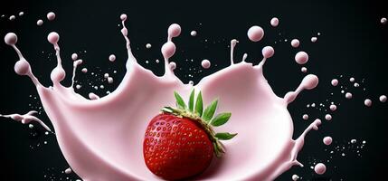 ai generativ jordgubb mjölk stänk med jordgubb isolerat på svart bakgrund. jordgubb faller in i rosa mjölk eller yoghurt krämig flytande dryck stänk. mjölkig stänk med jordgubbar mot b foto